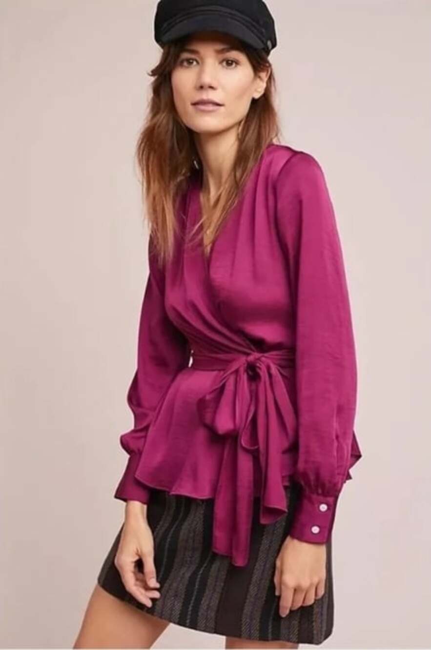 Moulinette Soeurs Anthropologie Brynn satin wrap blouse raspberry 6 Parisian